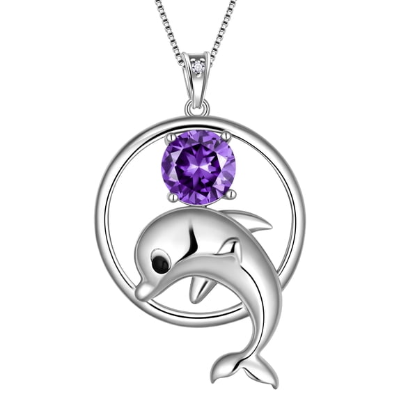 Juwaliy 925 Sterling Silver Cute Dolphin Necklace for Women,February Birthstone Purple Amethyst Pendant Sea Animal Jewelry Birthday Gifts for Daughter