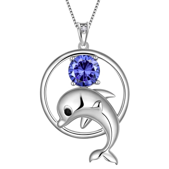 Juwaliy 925 Sterling Silver Cute Dolphin Necklace for Women,December Birthstone Blue Tanzanite Pendant Sea Animal Jewelry Birthday Gifts for Daughter