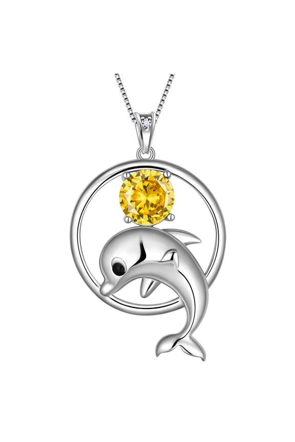 925 Sterling Silver Cute Dolphin Necklace for Women,November Birthstone Yellow Citrine Pendant Sea Animal Jewelry Birthday Gifts for Daughter