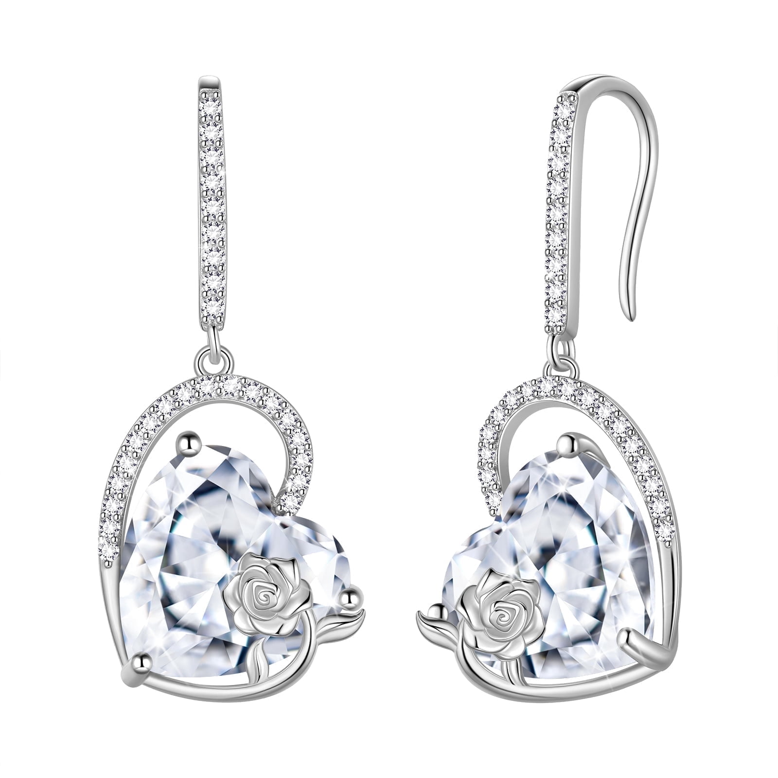 Juwaliy 925 Sterling Silver Earrings Women Heart April Birthstone Hook Dangle Earrings Diamond Rose Flower Wedding Bridal Jewelry Mom Valentine's Day Gift