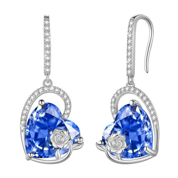 Juwaliy 925 Sterling Silver Earrings Women Heart December Birthstone Hook Dangle Earring Tanzanite Blue Rose Flower Jewelry Mother Wife Christmas Birthday Gift