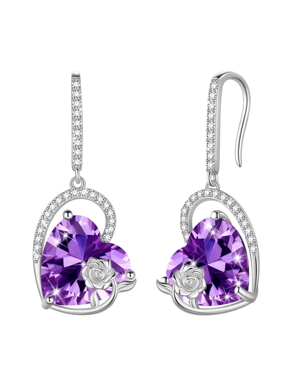 925 Sterling Silver Earrings Women Heart February Birthstone Hook Dangle Earring Amethyst Purple Rose Jewelry Mother Valentine's Day Gift