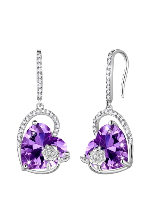 925 Sterling Silver Earrings Women Heart February Birthstone Hook Dangle Earring Amethyst Purple Rose Jewelry Mother Valentine's Day Gift