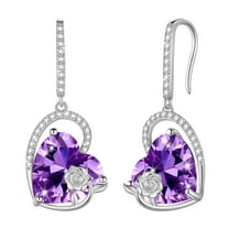 Juwaliy 925 Sterling Silver Earrings Women Heart February Birthstone Hook Dangle Earring Amethyst Purple Rose Jewelry Mother Valentine's Day Gift