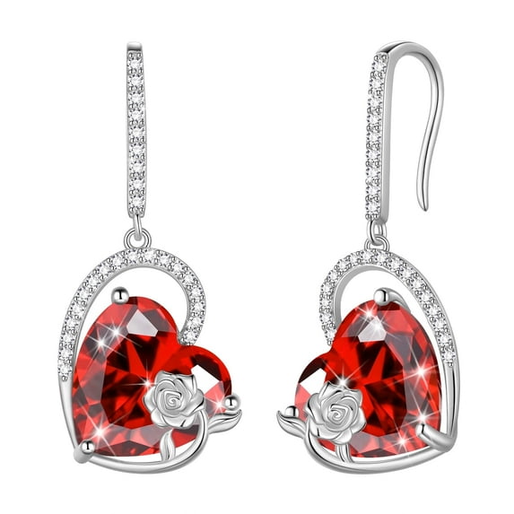 Juwaliy 925 Sterling Silver Earrings Women Heart January Birthstone Hook Dangle Earring Garnet Red Flower Jewelry Birthday Valentine's Day Gifts