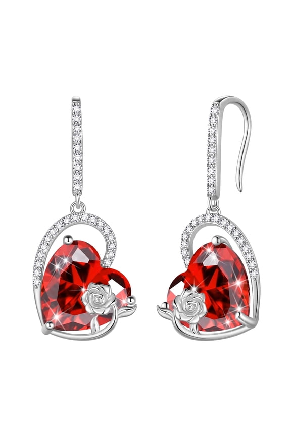 925 Sterling Silver Earrings Women Heart January Birthstone Hook Dangle Earring Garnet Red Flower Jewelry Birthday Valentine's Day Gifts