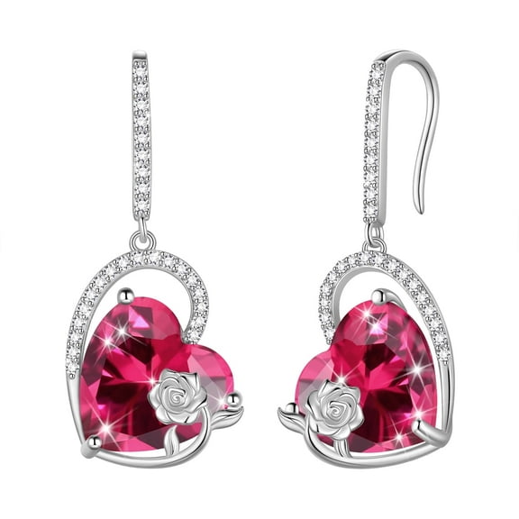Juwaliy 925 Sterling Silver Earrings Women Heart July Birthstone Hook Dangle Earrings Ruby Red Rose Jewelry Mother Christmas Valentine's Day Gift