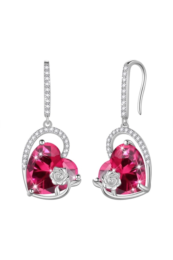 925 Sterling Silver Earrings Women Heart July Birthstone Hook Dangle Earrings Ruby Red Rose Jewelry Mother Christmas Valentine's Day Gift