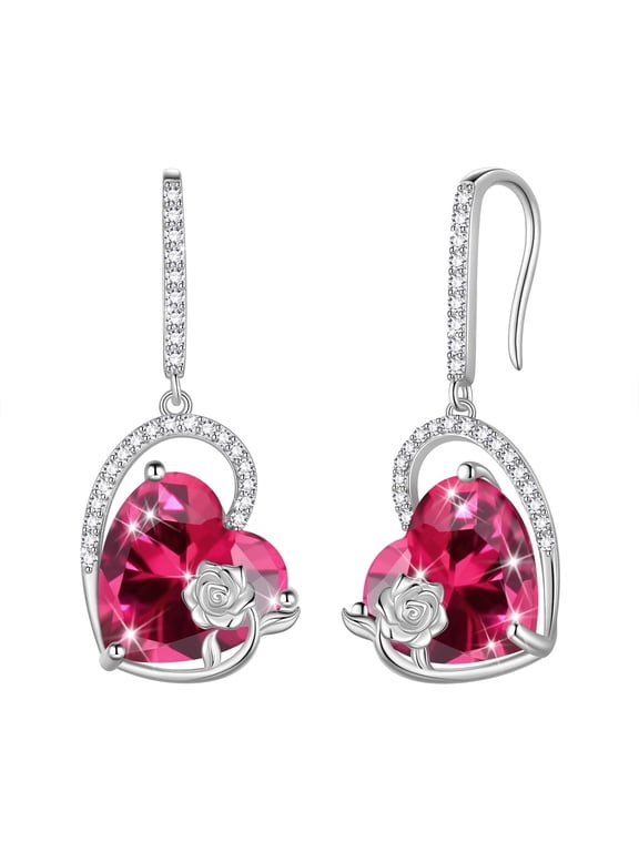 925 Sterling Silver Earrings Women Heart July Birthstone Hook Dangle Earrings Ruby Red Rose Jewelry Mother Christmas Valentine's Day Gift