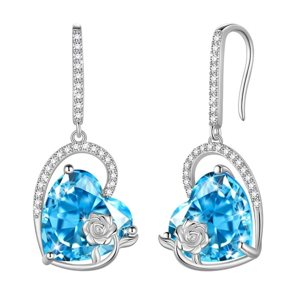 Juwaliy 925 Sterling Silver Earrings Women Heart March Birthstone Hook Dangle Earring Aquamarine Blue Rose Flower Jewelry Mother Birthday Gift