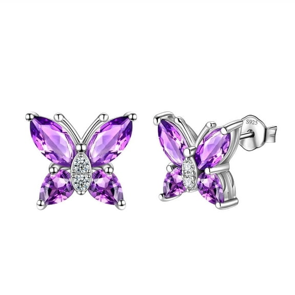 Juwaliy 925 Sterling Silver Butterfly Earrings February Birthstone Amethyst Earrings Purple Fine Jewelry Women Mother Valentine's Day Gifts for Her