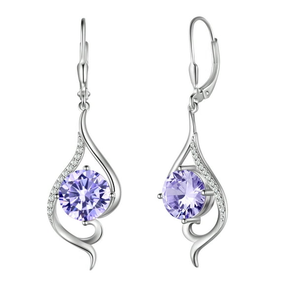 Juwaliy 925 Sterling Silver Leverback Women Earrings June Birthstone Alexandrite Purple Long Drop Earring Tail Jewelry Mother Christmas Birthday Valentines Gift for Her