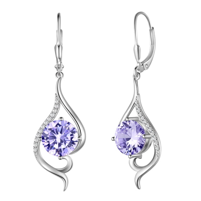 Juwaliy 925 Sterling Silver Leverback Women Earrings June Birthstone Alexandrite Purple Long Drop Earring Tail Jewelry Mother Christmas Birthday Valentines Gift for Her