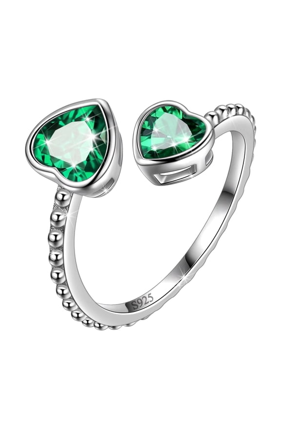 925 Sterling Silver May Birthstone Ring Adjustable Double Hearts Bezel Ring Emerald Green Women Jewelry Mother's Day Gift