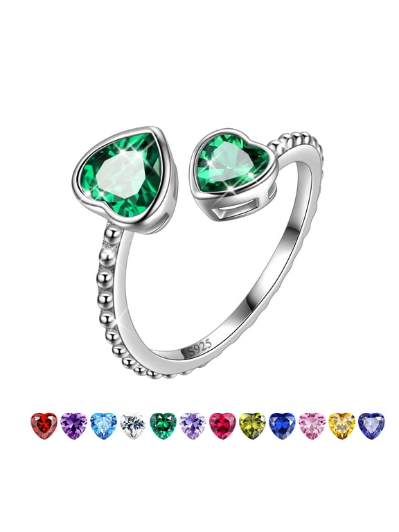 925 Sterling Silver May Birthstone Ring Adjustable Double Hearts Bezel Ring Emerald Green Women Jewelry Mother's Day Gift