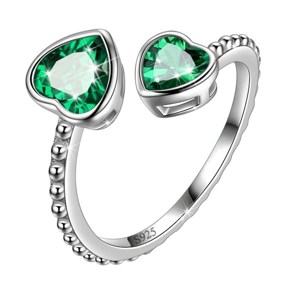 Juwaliy 925 Sterling Silver May Birthstone Ring Adjustable Double Hearts Bezel Ring Emerald Green Women Jewelry Mother's Day Gift