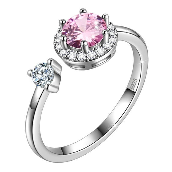 Juwaliy 925 Sterling Silver October Birthstone Ring Pink Tourmaline Round Halo Ring Women Jewelry Valentine's Day Gift
