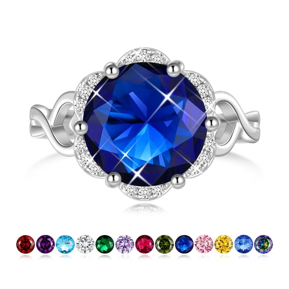 Juwaliy Silver Plated Women Rings Halo Round Blue Sapphire September Birthstone Band Ring Jewelry Birthday Christmas Mother's Day Gift