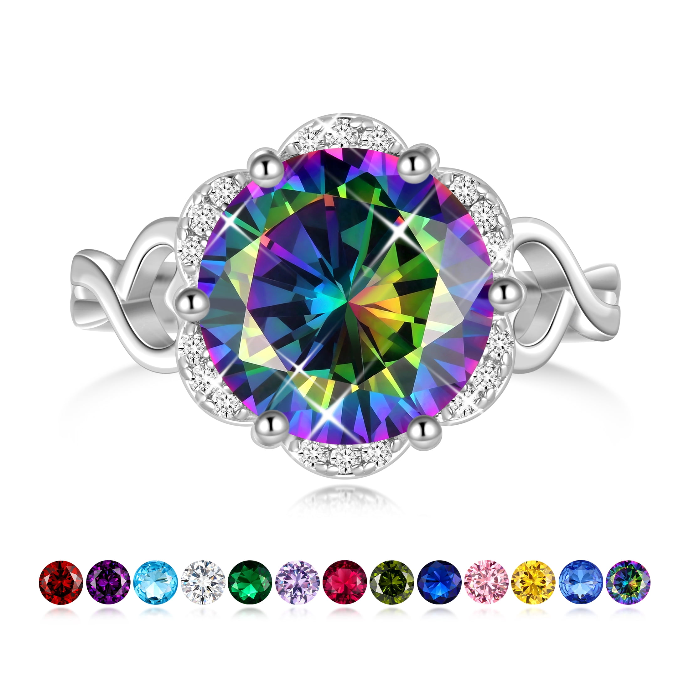 Juwaliy Silver Plated Women Rings Halo Round Rainbow Mystic Topaz Ring Jewelry Christmas Valentines Mother's Day Gifts for Wife/Grandma