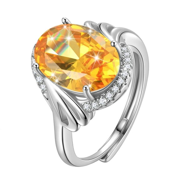 Juwaliy 925 Sterling Silver Ring Women 8Ct Halo Oval November Birthstone Ring Citrine Yellow Jewelry Christmas Birthday Mother Day Gift for Grandma