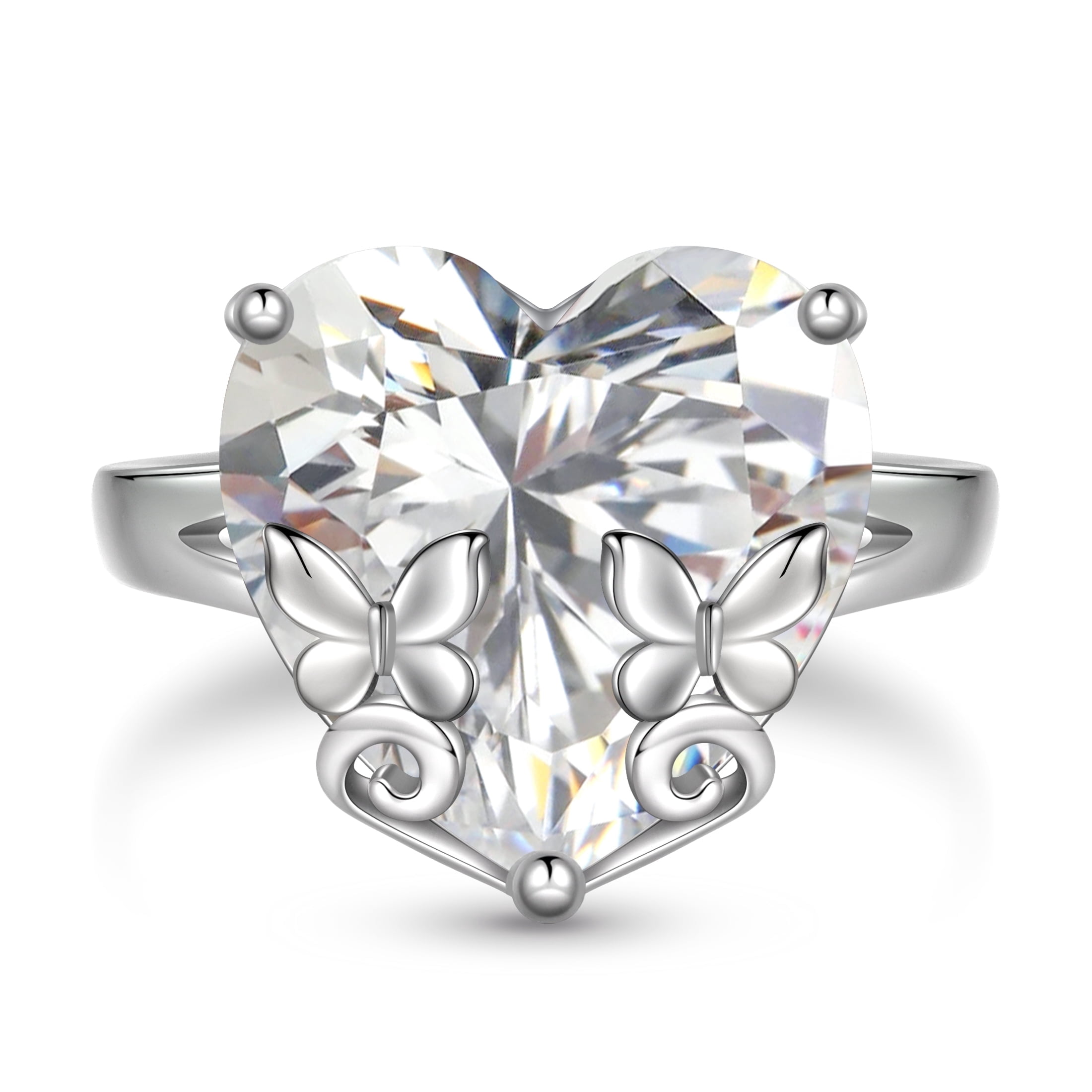 Juwaliy Women Heart Ring 925 Sterling Silver Butterfly April Birthstone ...