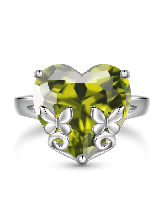 Women Heart Ring 925 Sterling Silver Butterfly August Birthstone Peridot Solitaire Ring Jewelry Mom Christmas Birthday Gift