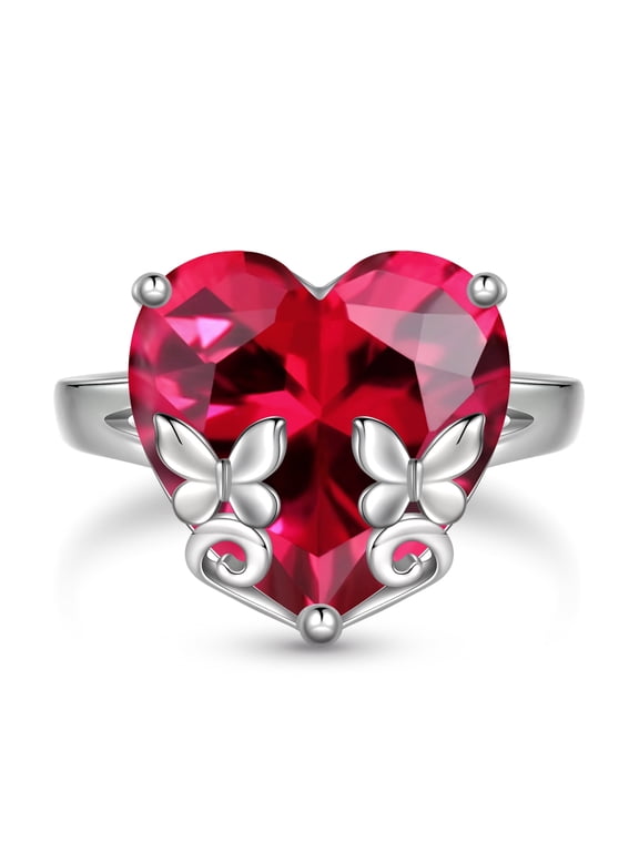 Women Heart Ring 925 Sterling Silver Butterfly July Birthstone Ruby Red Solitaire Ring Jewelry Mother Birthday Valentine's Day Gift