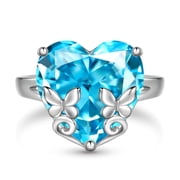 Juwaliy Women Heart Ring 925 Sterling Silver Butterfly March Birthstone Aquamarine Blue Solitaire Ring Jewelry Birthday Gift for Mother