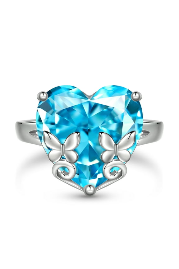9Ct Women Heart Ring 925 Sterling Silver Butterfly March Birthstone Aquamarine Blue Solitaire Ring Jewelry Birthday Gift for Mother