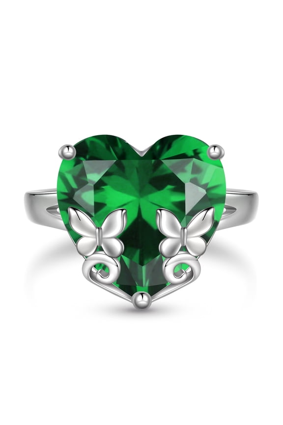 9Ct Women Heart Ring 925 Sterling Silver Butterfly May Birthstone Emerald Green Solitaire Ring Jewelry Birthday Mother's Day Gift