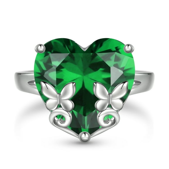 Juwaliy 9Ct Women Heart Ring 925 Sterling Silver Butterfly May Birthstone Emerald Green Solitaire Ring Jewelry Birthday Mother's Day Gift