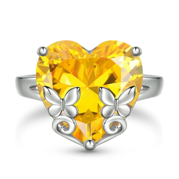Juwaliy 9Ct Women Heart Ring 925 Sterling Silver Butterfly November Birthstone Citrine Solitaire Ring Jewelry Christmas Thanksgiving Gift for Mother