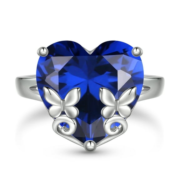 Juwaliy 9Ct Women Heart Ring 925 Sterling Silver Butterfly September Birthstone Sapphire Blue Solitaire Ring Jewelry Birthday Mother's Day Gift