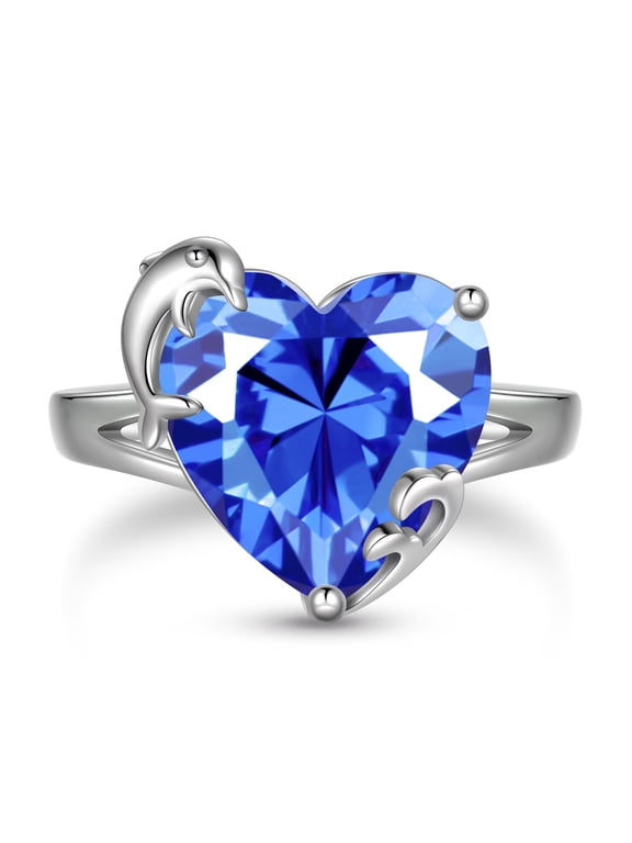 Women Heart Ring 925 Sterling Silver Dolphin December Birthstone Tanzanite Blue Solitaire Ring Jewelry Mom Christmas Birthday Gift
