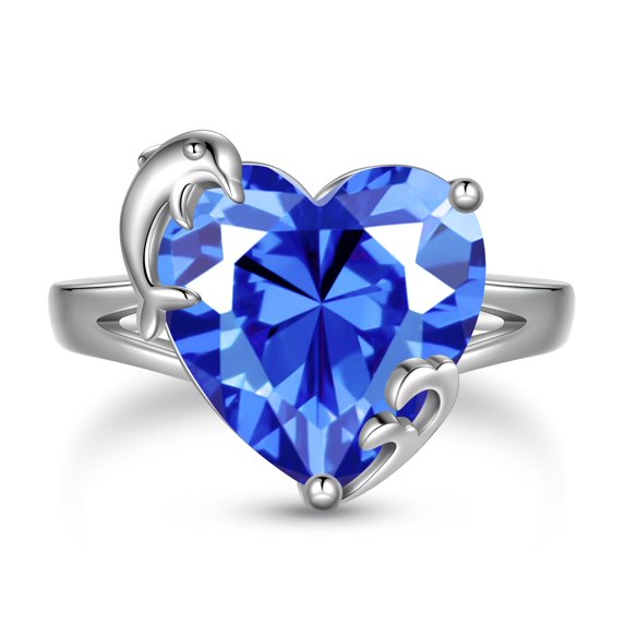 Juwaliy 9Ct Women Heart Ring 925 Sterling Silver Dolphin December Birthstone Tanzanite Blue Solitaire Ring Jewelry Mom Christmas Birthday Gift