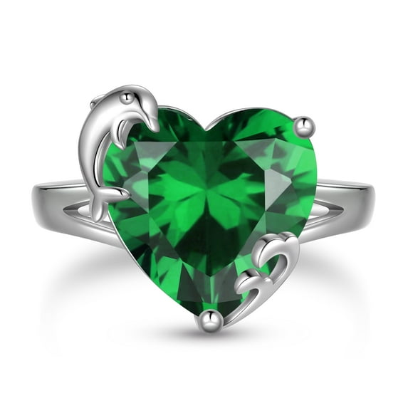 Juwaliy 9Ct Women Heart Ring 925 Sterling Silver Dolphin May Birthstone Emerald Green Solitaire Ring Jewelry Birthday Mother's Day Gift