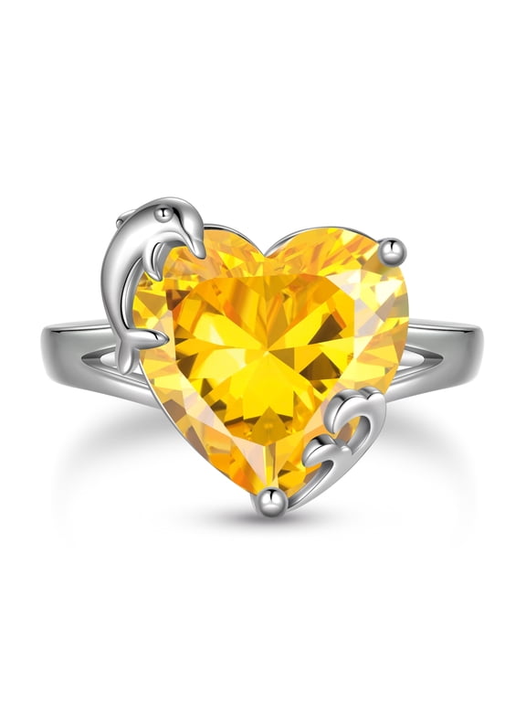 Women Heart Ring 925 Sterling Silver Dolphin November Birthstone Citrine Solitaire Ring Jewelry Christmas Thanksgiving Gift for Mother
