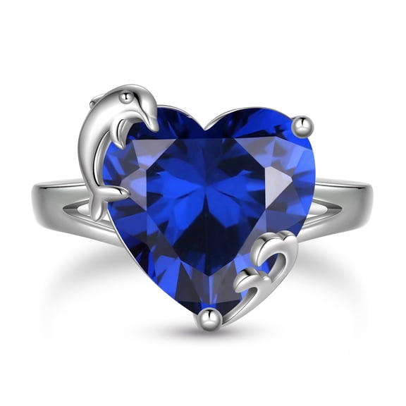 Juwaliy 9Ct Women Heart Ring 925 Sterling Silver Dolphin September Birthstone Sapphire Blue Solitaire Ring Jewelry Birthday Mother's Day Gift