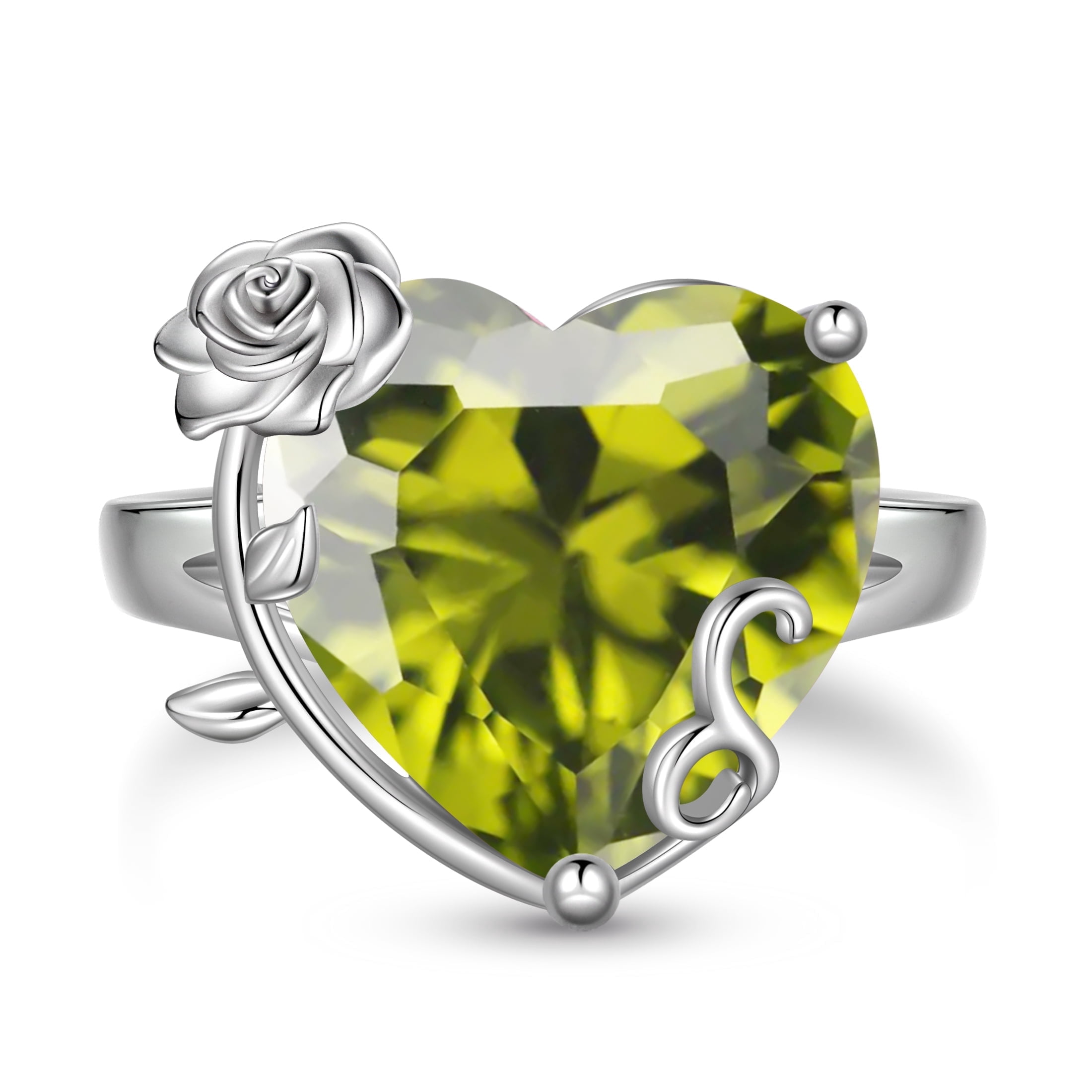 Juwaliy 9Ct Women Heart Ring 925 Sterling Silver Rose Flower August Birthstone Peridot Solitaire Ring Jewelry Mom Christmas Birthday Gift
