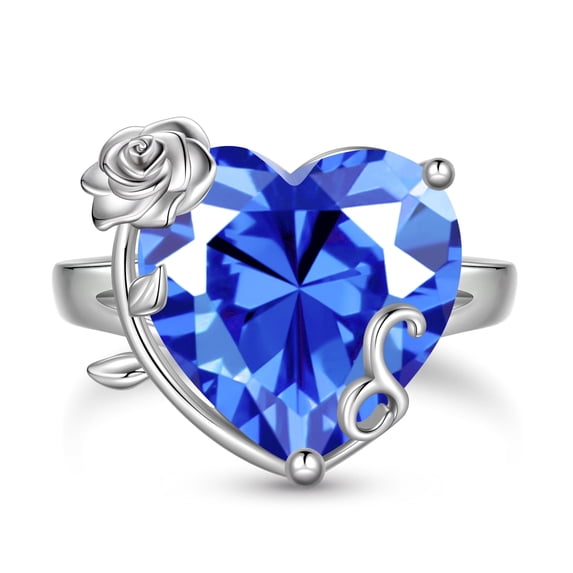 Juwaliy 9Ct Women Heart Ring 925 Sterling Silver Rose Flower December Birthstone Tanzanite Blue Solitaire Ring Jewelry Mom Christmas Birthday Gift