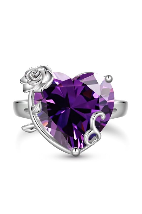 9Ct Women Heart Ring 925 Sterling Silver Rose Flower February Birthstone Amethyst Purple Solitaire Ring Jewelry Girlfriend Valentine's Day Gift