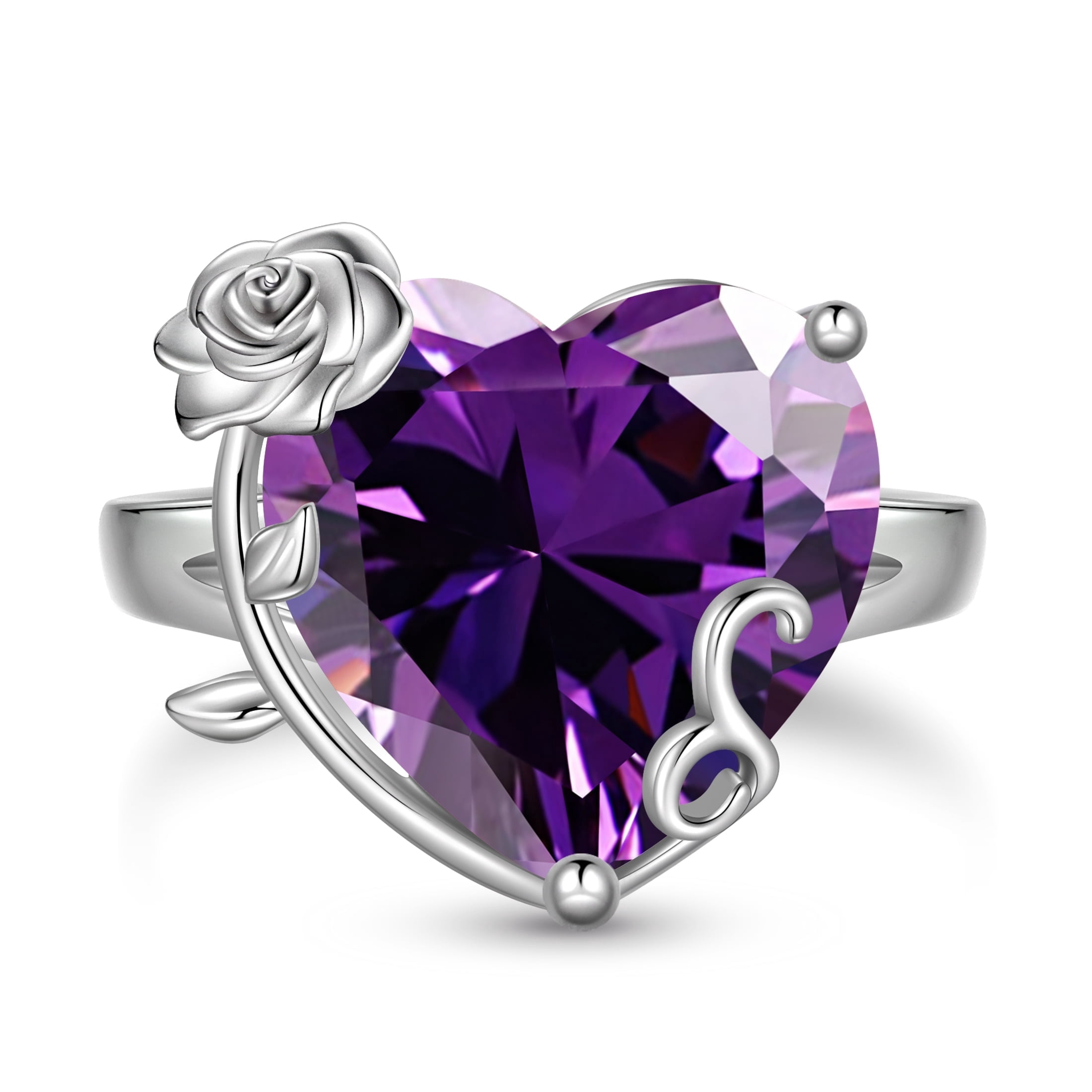 Juwaliy 9Ct Women Heart Ring 925 Sterling Silver Rose Flower February Birthstone Amethyst Purple Solitaire Ring Jewelry Girlfriend Valentine's Day Gift