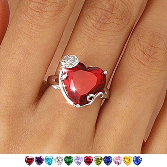 Juwaliy Women Heart Ring Silver Plated Rose Flower January Birthstone Red Garnet Solitaire Ring Jewelry Mother Birthday Valentine's Day Gift