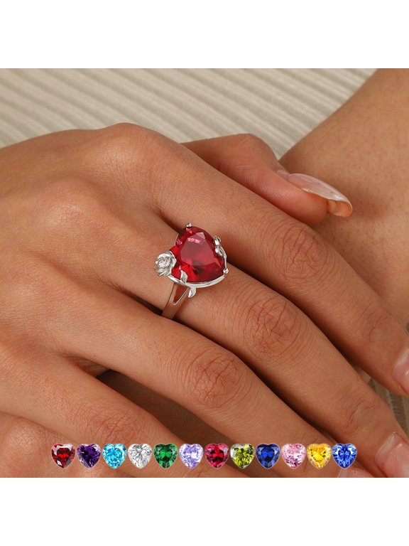 Women Heart Ring Silver Plated Rose Flower July Birthstone Ruby Red Solitaire Ring Jewelry Mother Birthday Valentine's Day Gift
