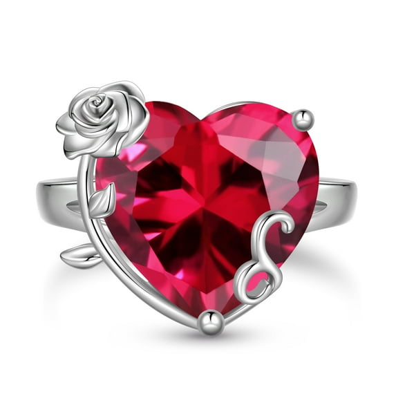 Juwaliy 9Ct Women Heart Ring 925 Sterling Silver Rose Flower July Birthstone Ruby Red Solitaire Ring Jewelry Mother Birthday Valentine's Day Gift