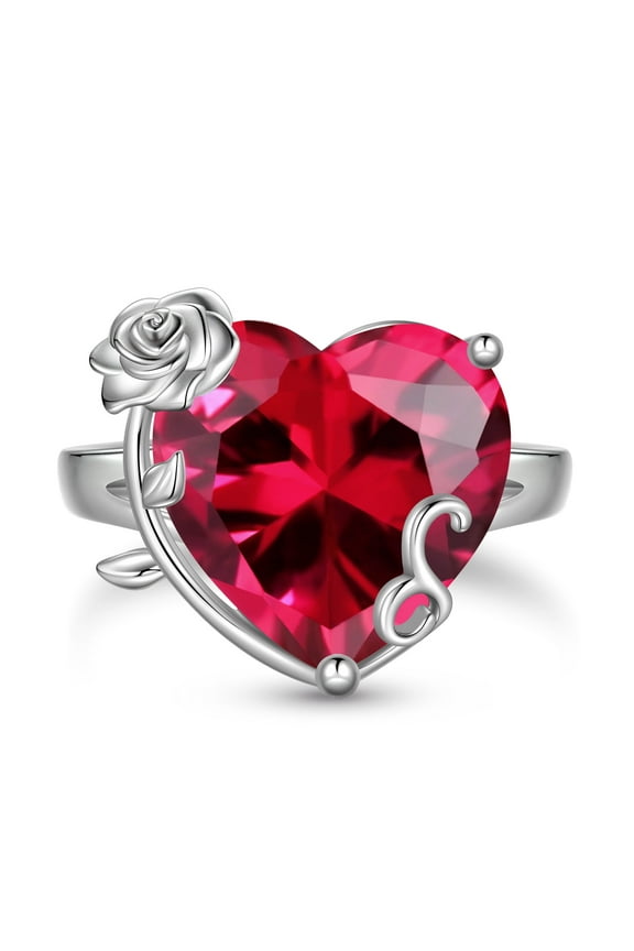 9Ct Women Heart Ring 925 Sterling Silver Rose Flower July Birthstone Ruby Red Solitaire Ring Jewelry Mother Birthday Valentine's Day Gift