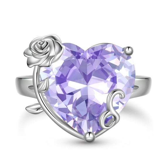 Juwaliy 9Ct Women Heart Ring 925 Sterling Silver Rose Flower June Birthstone Alexandrite Solitaire Ring Jewelry Birthday Gift for Mother