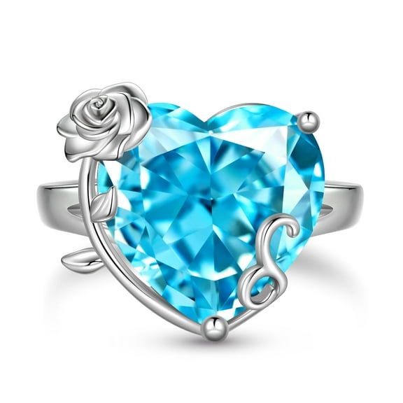 Juwaliy 9Ct Women Heart Ring 925 Sterling Silver Rose Flower March Birthstone Aquamarine Blue Solitaire Ring Jewelry Birthday Gift for Mother