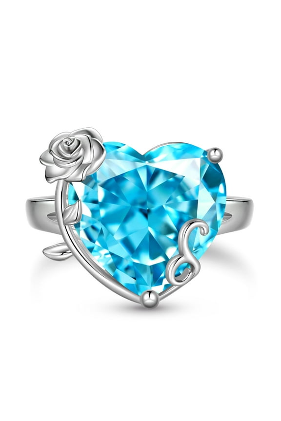 9Ct Women Heart Ring 925 Sterling Silver Rose Flower March Birthstone Aquamarine Blue Solitaire Ring Jewelry Birthday Gift for Mother