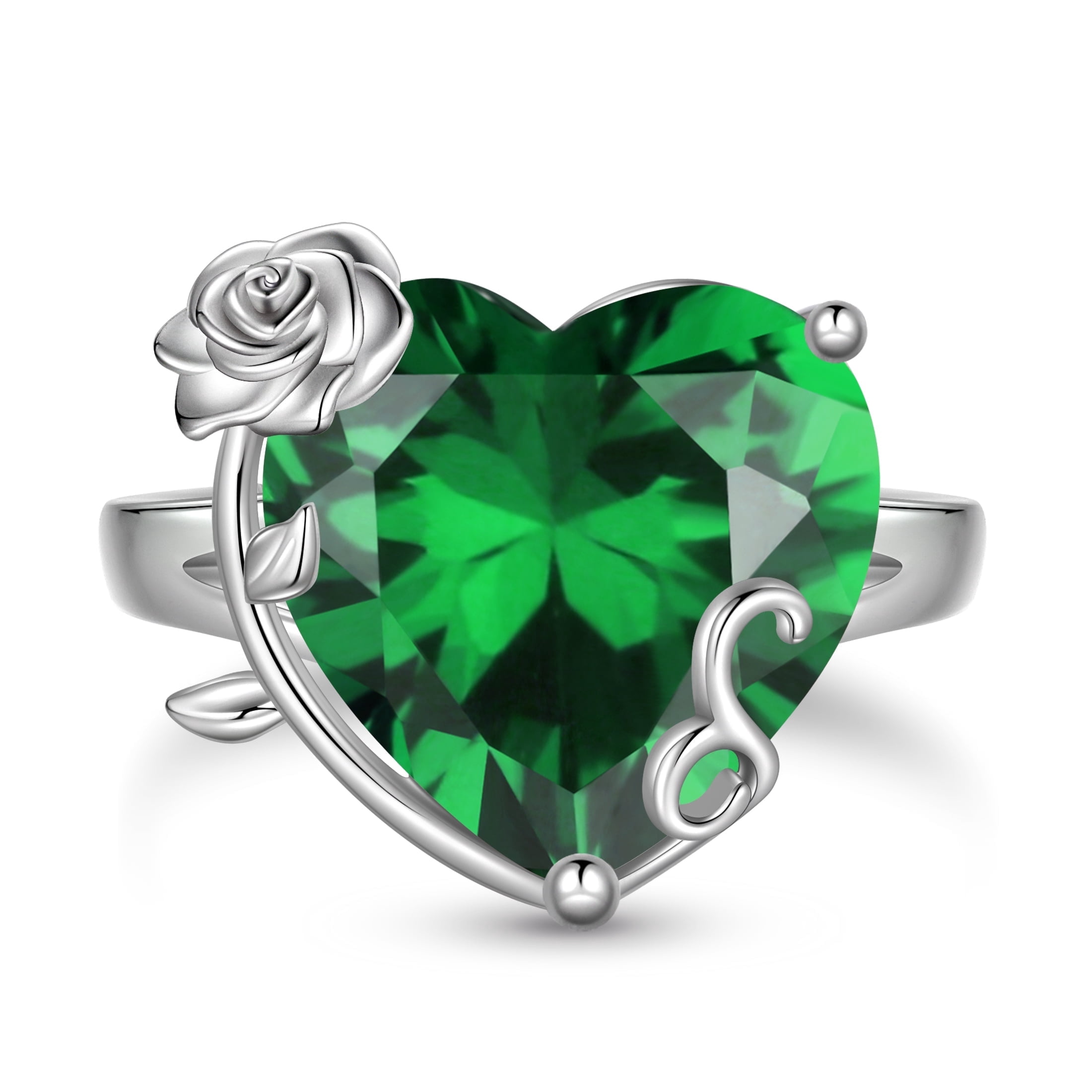 Juwaliy 9Ct Women Heart Ring 925 Sterling Silver Rose Flower May Birthstone Emerald Green Solitaire Ring Jewelry Birthday Mother's Day Gift